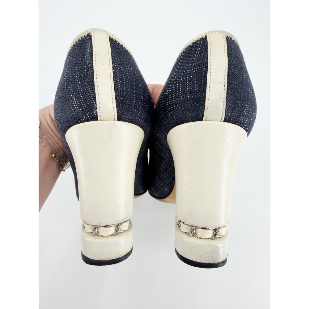 Chanel Chain Heel CC Denim Cap Toe Black Ivory Navy Pumps Block Heel 39 Box - Picture 10 of 16